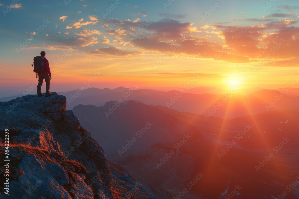 A man stands triumphantly on the summit of a towering mountain as the sun sets in the background, An invigorating sunrise view from a mountaintop with a backpacker greeting the new day, AI Generated