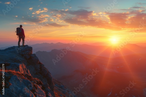 A man stands triumphantly on the summit of a towering mountain as the sun sets in the background  An invigorating sunrise view from a mountaintop with a backpacker greeting the new day  AI Generated