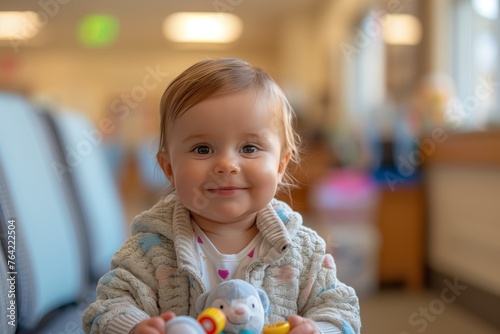Cheerful baby holding toys on sofa