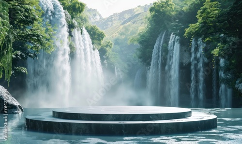 Empty Round Podium in the Middle of Waterfall Valley Background with Copy Space. A Stage Amidst Waterfall Valley