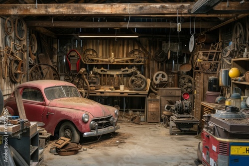 An aged automobile is sitting inside a garage, its red exterior fading, as it remains stationary, An old, rustic garage with multiple car parts scattered around, AI Generated