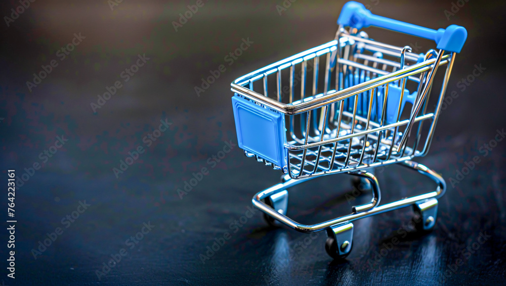 Online shopping concept with empty shopping cart, symbolizing retail commerce and consumerism