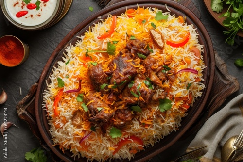 A delicious plate of rice topped with a generous serving of savory meat and colorful vegetables, An overhead view of colorful Majboos (Arabian Biryani) served in a large platter, AI Generated