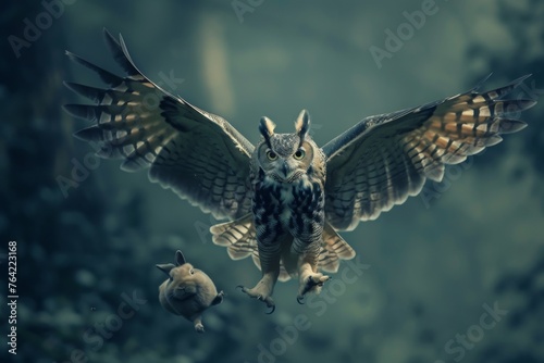 A majestic owl flies through the air, displaying its impressive wingspan as it gracefully glides through the sky, An owl silently swooping down on an unsuspecting rabbit, AI Generated photo
