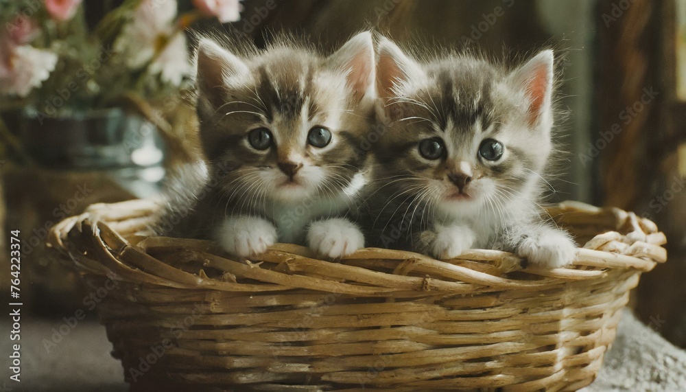 cute kittens in a wicker basket 