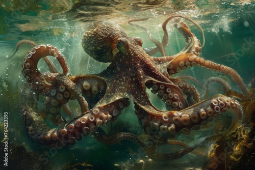 An octopus gracefully glides through the water with its arms undulating  showcasing its unique and agile swimming ability  An underwater scene of an octopus hunting its prey  AI Generated