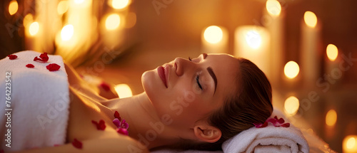 Wellness, recreation concept.Woman waiting for massage on spa centre at cozy romantic ambience with candles. Beautiful female has relax. Body Care. Cosmetology mock up. Generative ai