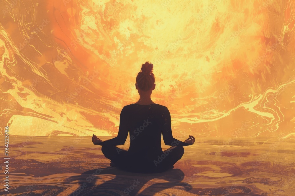 A person sits in a lotus position, meditating, as the vibrant colors of a sunset fill the sky, Artistic rendering of a meditative state achieved through yoga, AI Generated