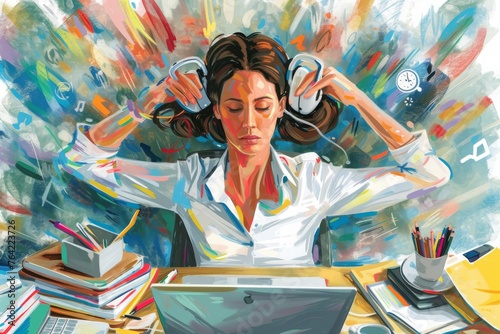 A realistic painting of a woman sitting at a desk, engrossed in using a laptop computer, Artistic interpretation of multitasking in a telework situation, AI Generated