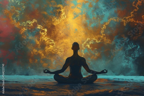 A person sits in a lotus position, calmly meditating while facing a painting on the wall, Artistic rendering of a meditative state achieved through yoga, AI Generated