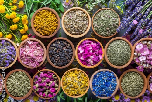 A variety of different types of flowers beautifully arranged in wooden bowls, Assortment of colorful natural healing herbs, AI Generated