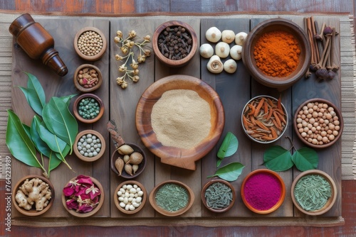 A wooden table is adorned with various bowls filled with different types of spices, Ayurvedic elements arranged on a wooden table, AI Generated