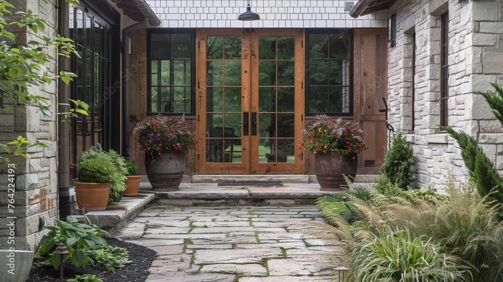 Entrance to modern farmhouse, potted plants line the pathway. Wooden door boasts glass and forging for elegance. --ar 16:9 --v 6.0 - Image #1 @Zubi