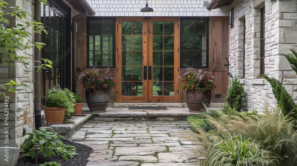 Entrance to modern farmhouse, potted plants line the pathway. Wooden door boasts glass and forging for elegance. --ar 16:9 --v 6.0 - Image #1 @Zubi Entrance to modern farmhouse, potted plants line the pathway. Wooden door boasts glass and forging for elegance. --ar 16:9 --v 6.0 - Image #1 @Zubi