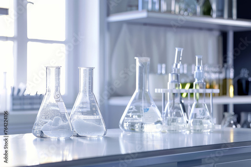 Test tubes with clear liquid on the table in the laboratory, chemical glass on the table, bright room 