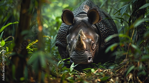 Endangered Sumatran Rhinoceros in Rainforest photo
