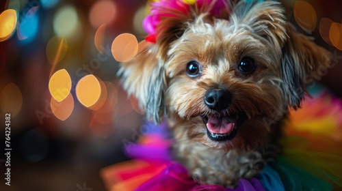 Small Dog Smiling in Colorful Dress