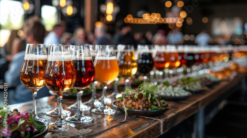 Variety of craft beer glasses paired with gourmet snacks on a wooden table in a busy gastropub.