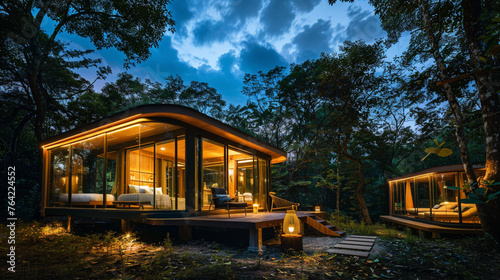 Exclusive glamping retreatstylish villa and glass cottage nestled in the tranquil woods, offering a serene escape under the night sky. --ar 16:9 --v 6.0 - Image #1 @Zubi
