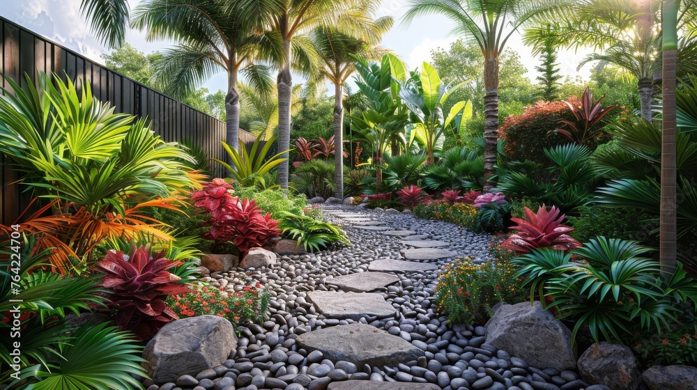 Tropical Garden Pathway With Palm Trees Tropical Garden Pathway With Palm Trees