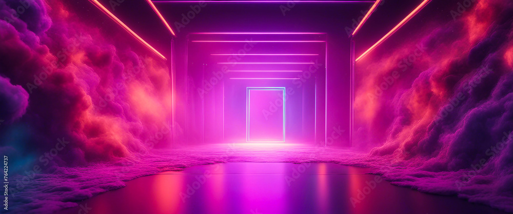 3D abstract background featuring glowing tunnel door with smoke, cosmic landscape, empty frame, and ultraviolet neon lights. 3D abstract background featuring glowing tunnel door with smoke, cosmic landscape, empty frame, and ultraviolet neon lights.