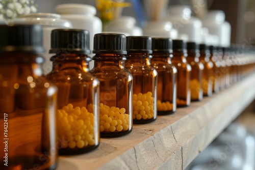 A straight line of medicine bottles containing yellow pills arranged neatly on a surface, Bottles of homeopathic remedies lined up, AI Generated