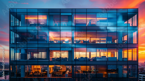 A stunning view of a modern building's glowing facade at sunset, showcasing urban architecture.