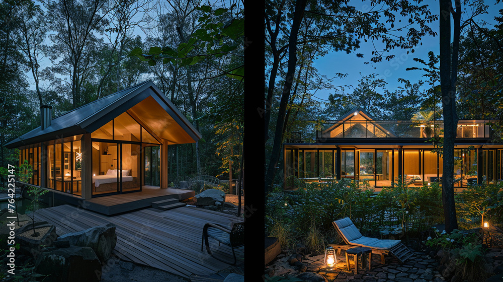 Luxury glamping setupsleek villa and glass cottage nestled in woods, aglow in the night. --ar 16:9 --v 6.0 - Image #4 @Zubi