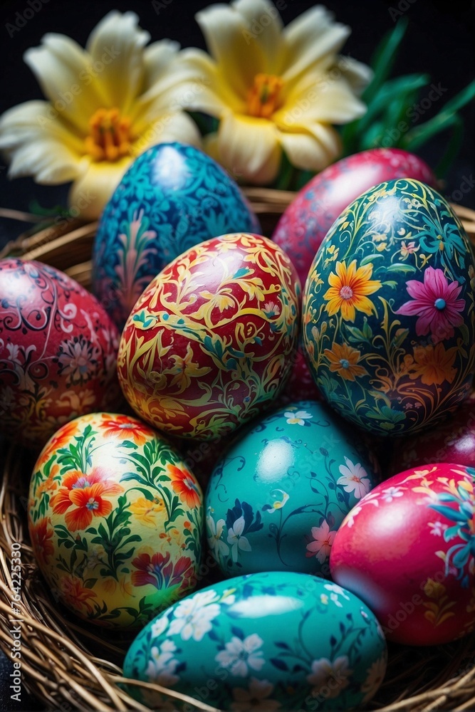 Group of Painted Easter Eggs with Intricate Carvings