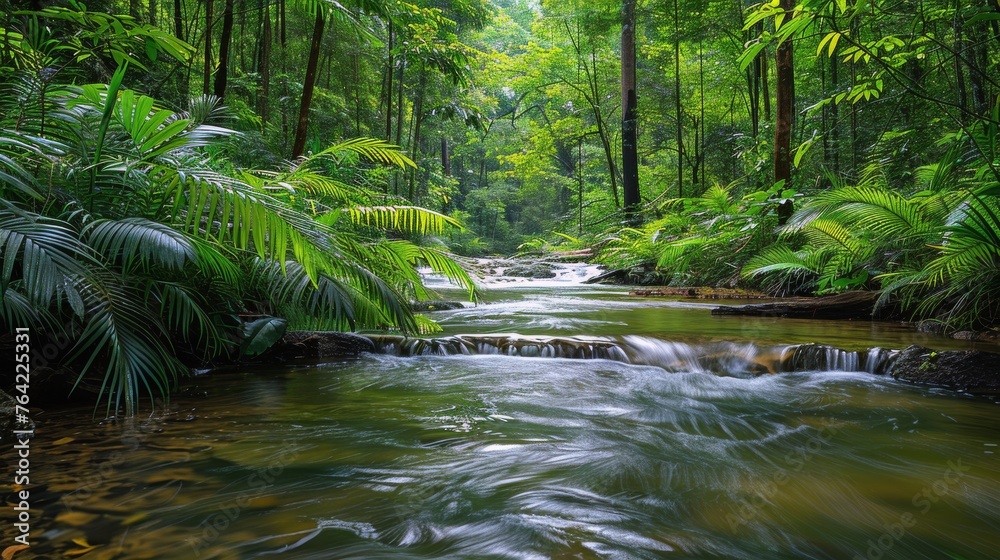 Fototapeta premium Stream Flowing Through Lush Green Forest