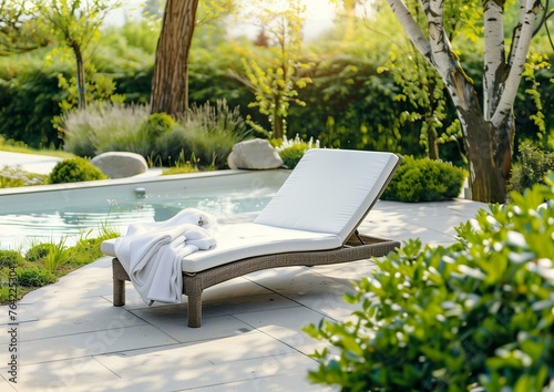 Luxury Poolside Relaxation with Comfortable Lounge Chair and Serene Garden View