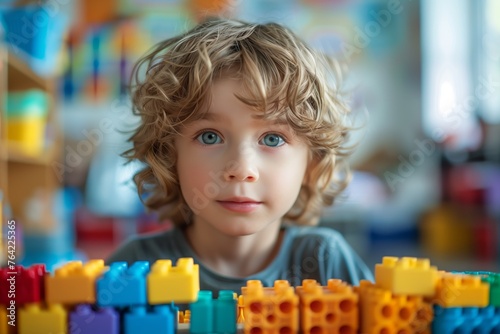 Little boy with blue eyes among toy blocks