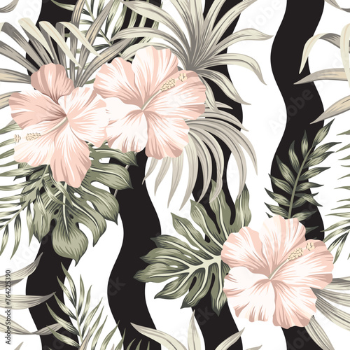 Tropical pink hibiscus flower, palm leaves seamless pattern. Exotic jungle wallpaper.	
