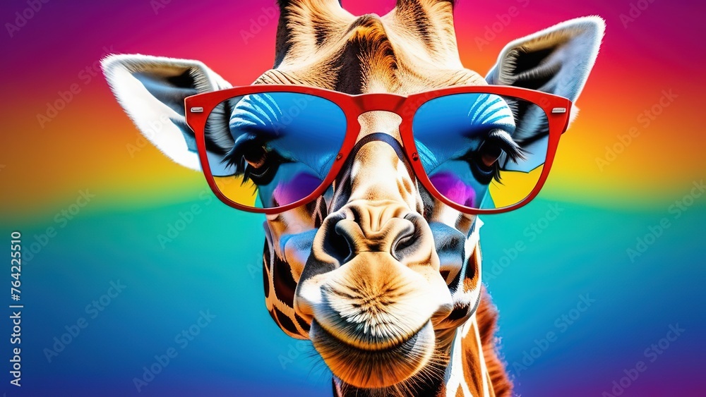 Funny giraffe with glasses on a colorful background, portrait of a giraffe with glasses