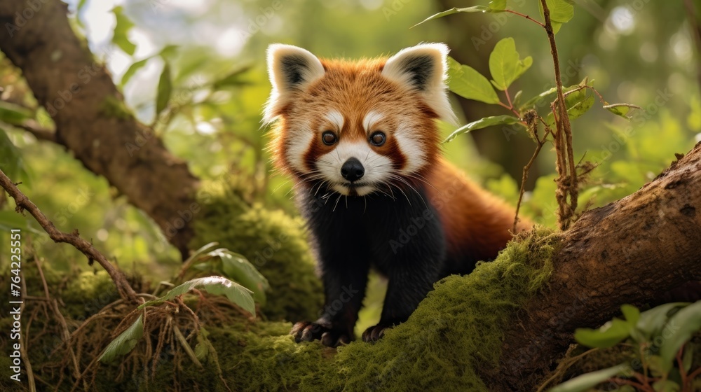 Obraz premium Curious red panda exploring its habitat clos up