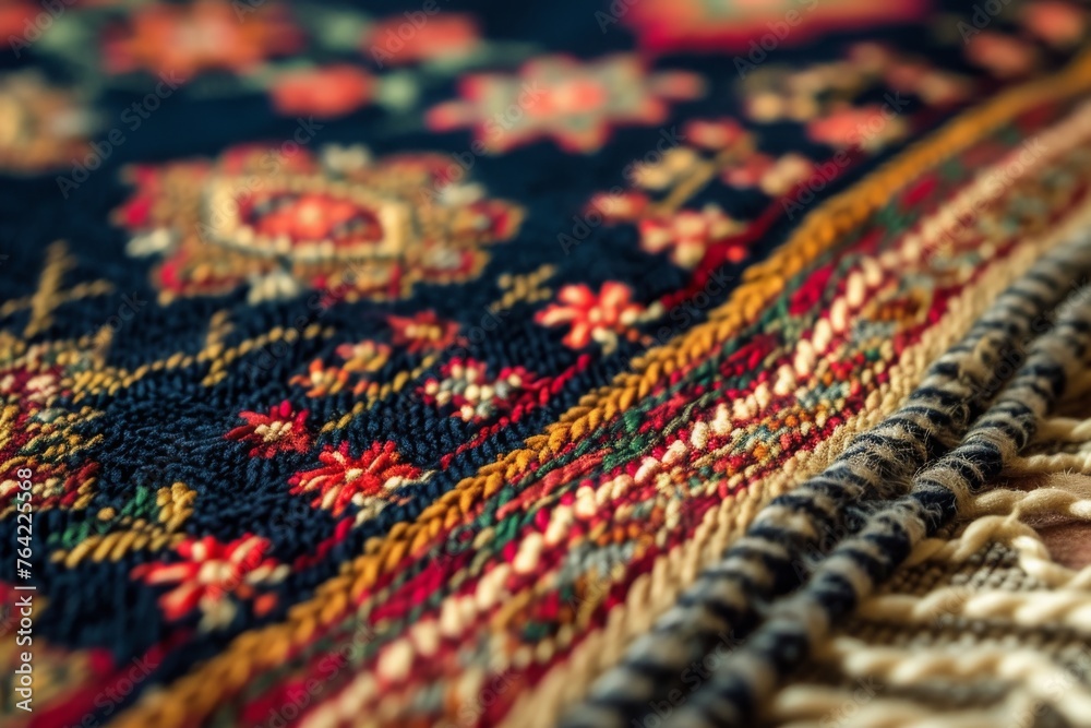 A detailed view of a vibrant rug featuring a multitude of bright colors, Close-up detail of a woven Islamic prayer rug, AI Generated A detailed view of a vibrant rug featuring a multitude of bright colors, Close-up detail of a woven Islamic prayer rug, AI Generated