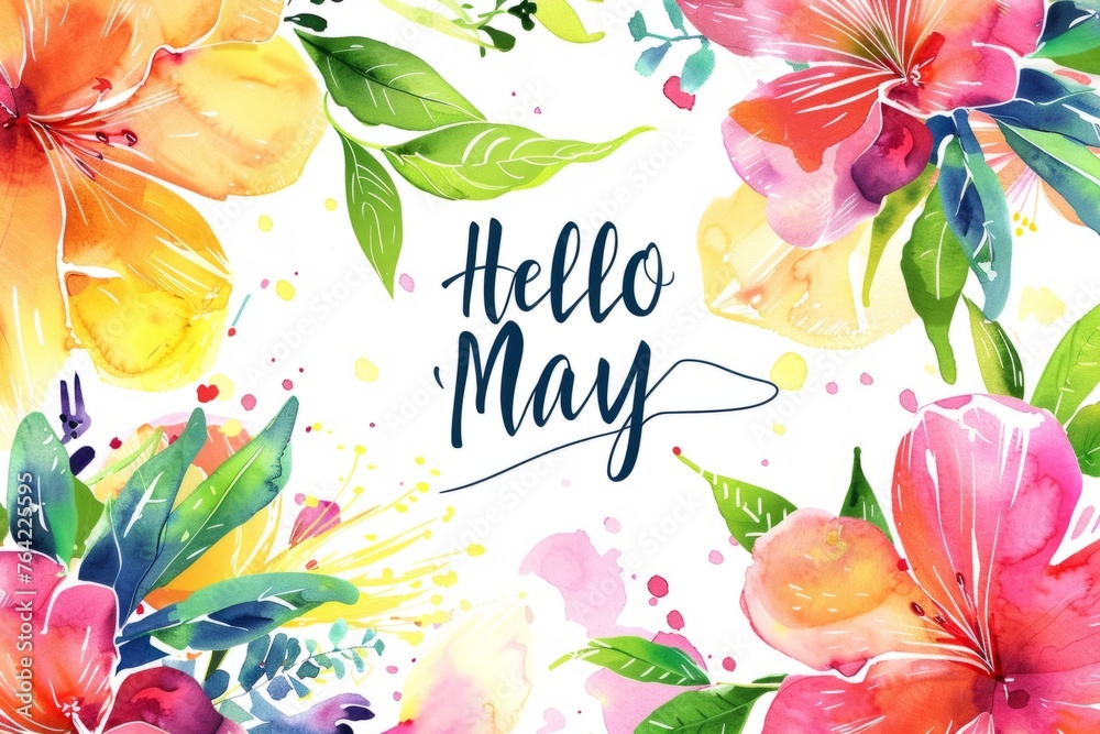 "HELLO MAY", spring colorful watercolor floral background vector illustration with white space in the middle, beautiful flowers and splashes of color Generative AI - obrazy, fototapety, plakaty 