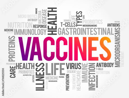 Vaccines - biological preparation that provides active acquired immunity to a particular infectious or malignant disease, word cloud concept background