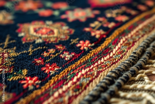 A detailed view of a vibrant rug featuring a multitude of bright colors, Close-up detail of a woven Islamic prayer rug, AI Generated