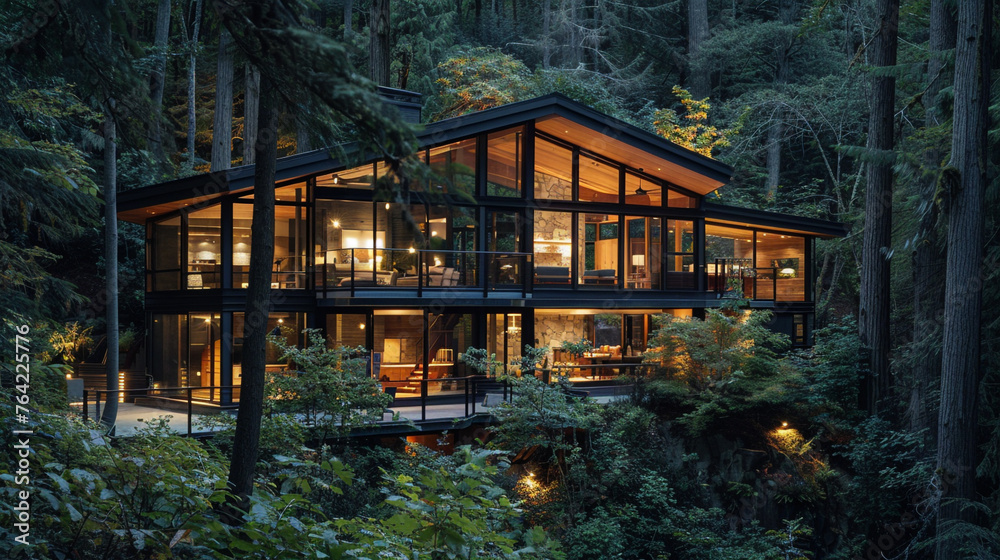 Modern cabin house amidst trees, with nearby glass cottage casting warm light in forest. --ar 16:9 --v 6.0 - Image #4 @Zubi