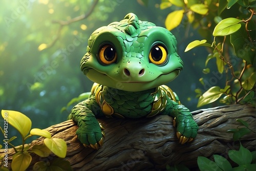 Green Cute Little Lizard on a Tree Branch