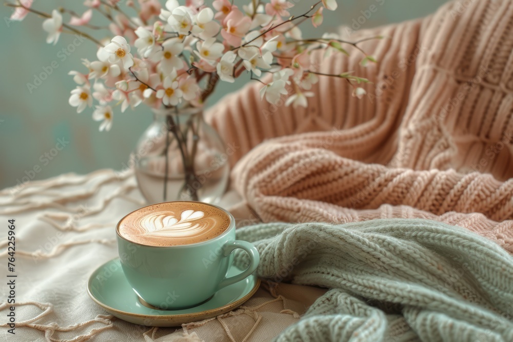 A cup of latte art coffee on a table with a soft blanket and a glass vase with flowers.