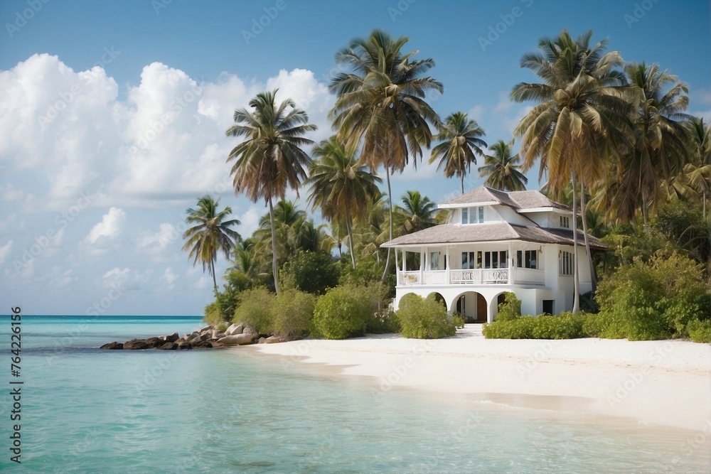 White sand beach with palm trees. Beautiful small house White sand beach with palm trees. Beautiful small house