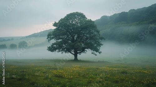 Lone Tree in Foggy Field