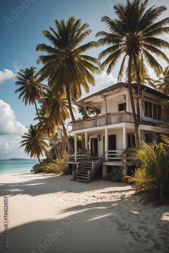 White sand beach with palm trees. Beautiful small house