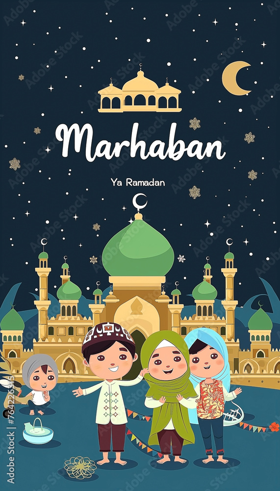 Happy muslim family in front of mosque with ramadan kareem and text Marhaban Ya Ramadan on the top Happy muslim family in front of mosque with ramadan kareem and text Marhaban Ya Ramadan on the top