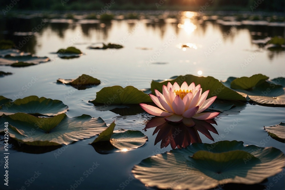 Lotus Flower on Water: Perfect Reflection of Sunset Light Lotus Flower on Water: Perfect Reflection of Sunset Light