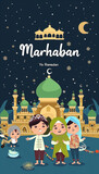 Happy muslim family in front of mosque with ramadan kareem and text Marhaban Ya Ramadan on the top