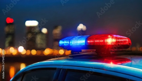 Blue and red light flasher atop of a police car. City lights on the background