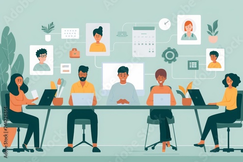 A diverse group of individuals sitting around a table, engrossed in their laptops and working together, Conceptual image of remotely working individuals, AI Generated
